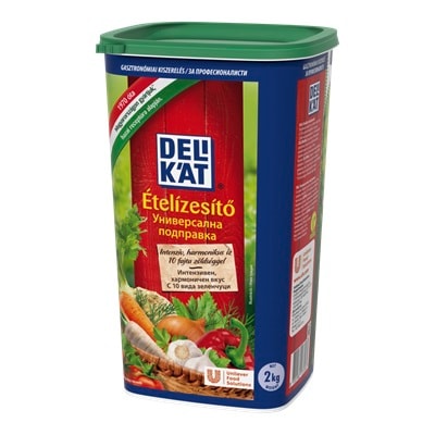 DELIKÁT Ételízesítő 2kg - A termék az alábbi zöldségeket tartalmazza: sárgarépa, vöröshagyma, zeller, petrezselyem, fokhagyma, paszternák, lestyán, kaliforniai paprika, paradicsom, kapor.