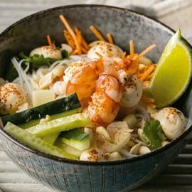 Rizstészta saláta garnélarákkal thai mártással Rizstészta saláta garnélarákkal thai mártással